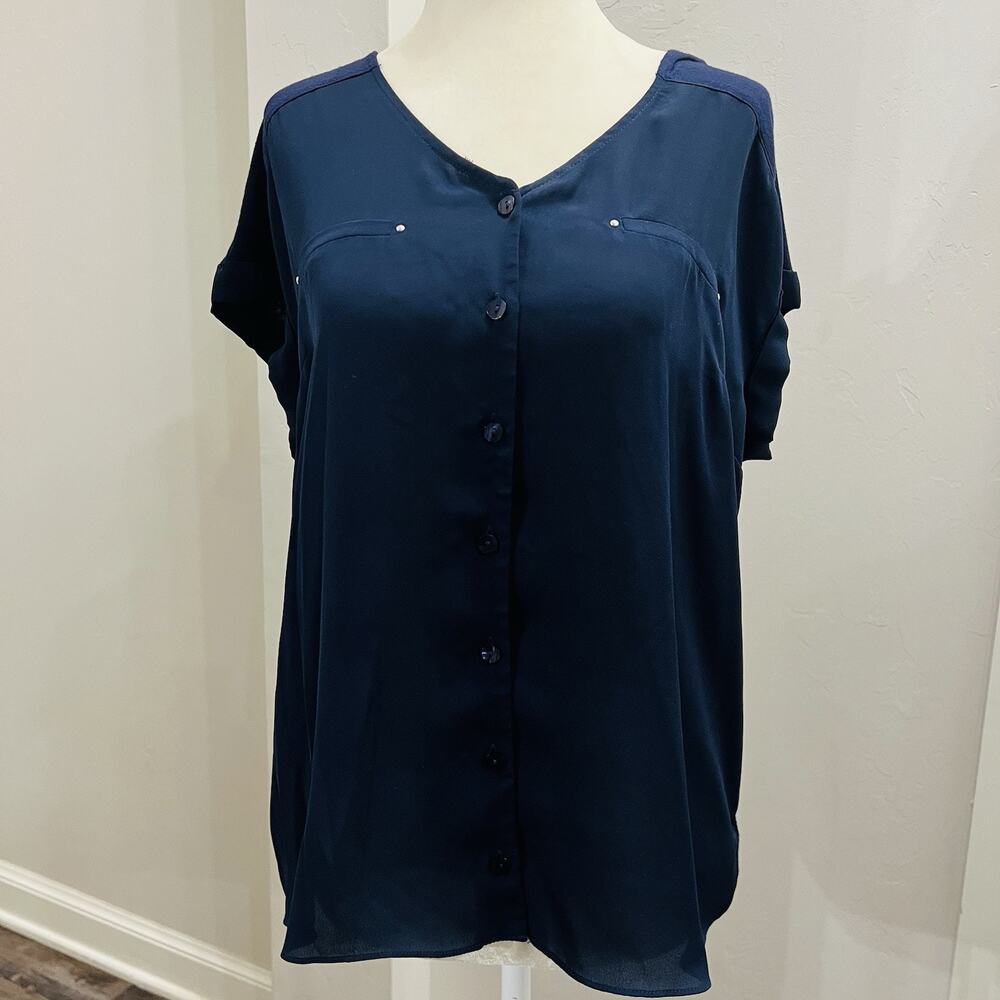 Fortune And Ivy Navy Blue Women’s Short Cap Sleeve  V Neck Blouse Size Large